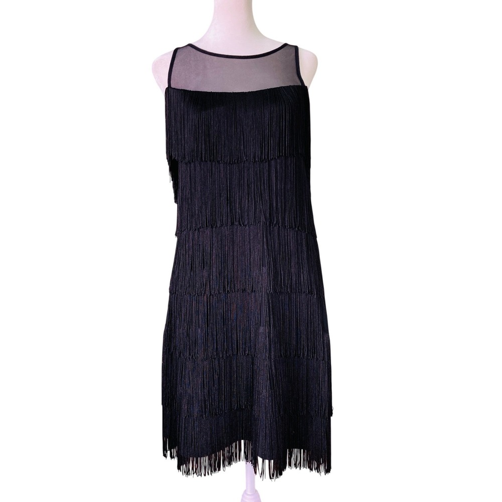 White House Black Market Sleeveless Veil Fringe Party Dress Black (Size S)